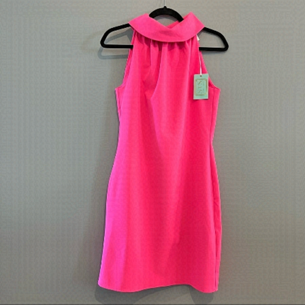 NEW Sail To Sable Barbie Pink 60s Retro Button Cowl Neck Sleeveless Mini Dress